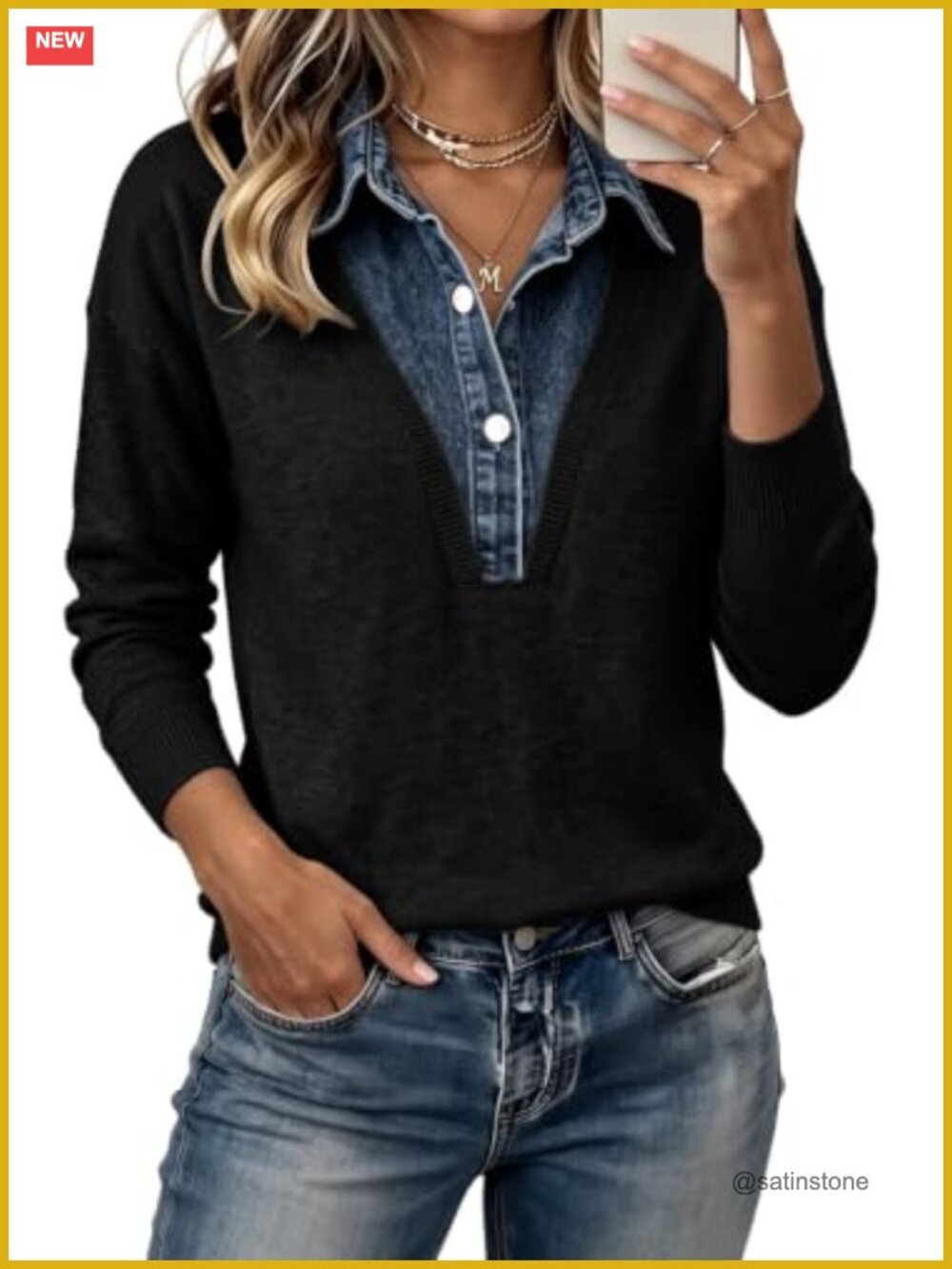 EVALESS Womens V-Neck Pullover Sweater Denim Lapel Long Sleeve Knit